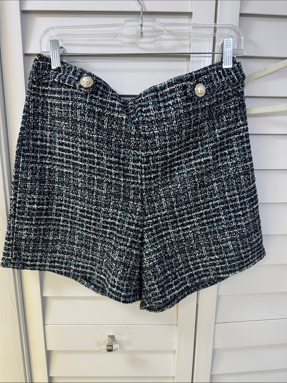 Messini - two (2) Tweed Pearl-Accent Women's Shorts in Black, Blue and White